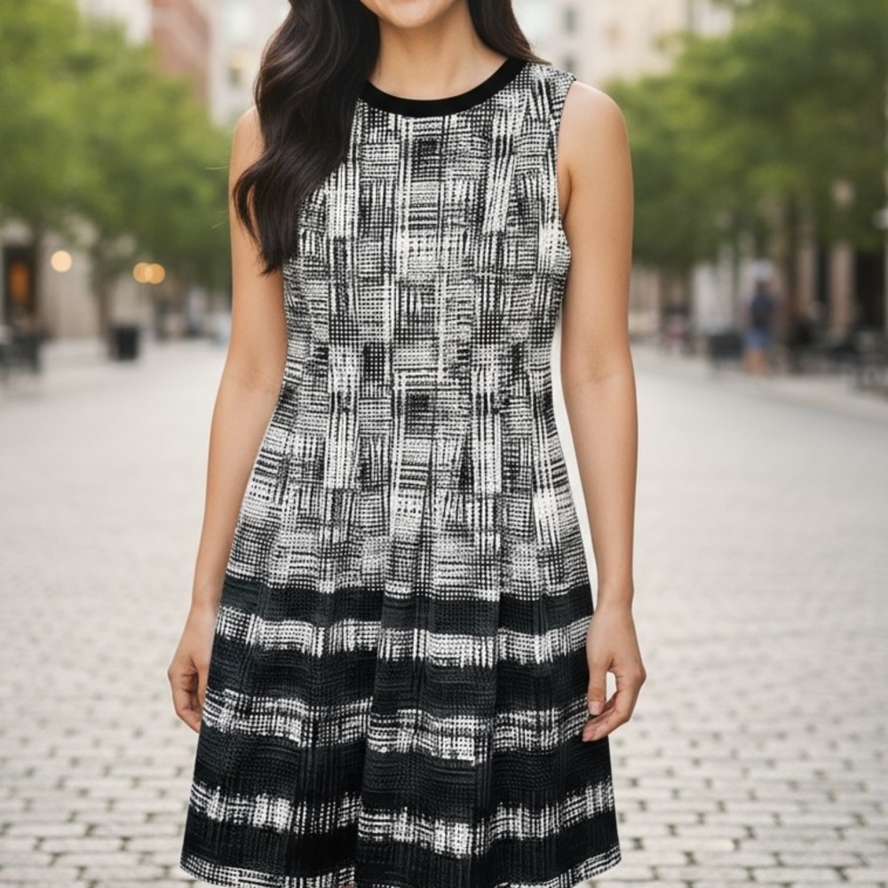 Elegant Black and White Patterned Dress Vince camuto